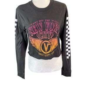 Vans Off the Wall Black Print Small Crop Top Long Sleeve Cotton Shirt Women's